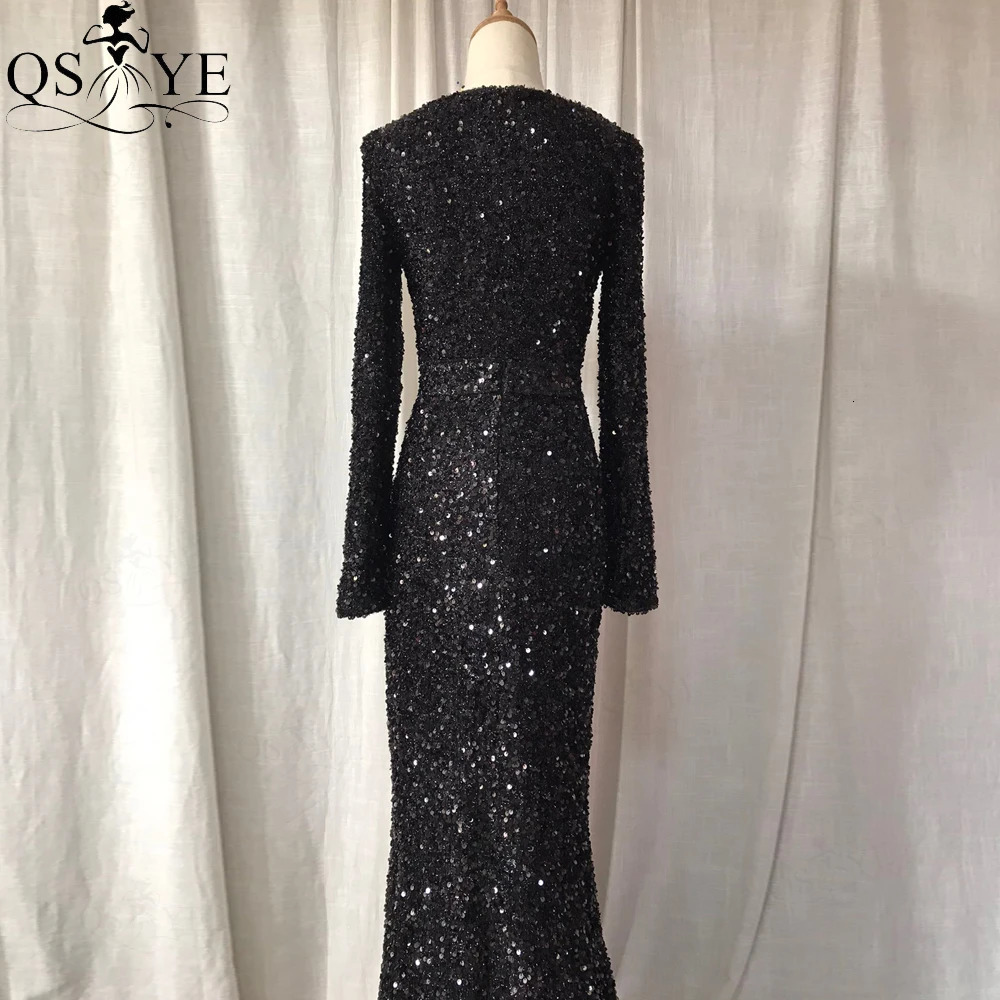 Sequin Black Evening Dresses Long Sleeves Mermaid Prom Gown ChicSexy Split Sparkle Party Dress Ruched Decent Formal Gown Glitter 240709