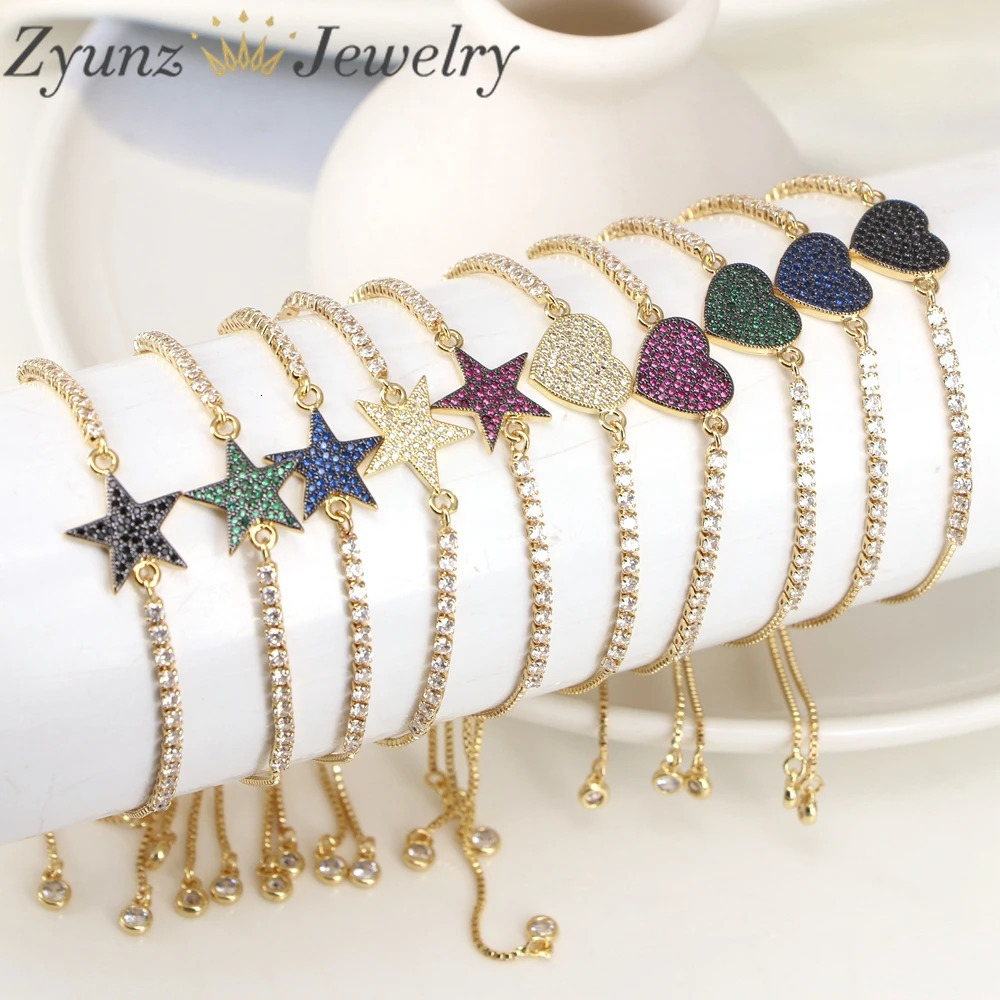 10PCS Fashion Heart Jewelry For Women Girl 3mm CZ Tennis Chain Star Charm Colorful Zircon Bracelet Valentines Day Gift 240719