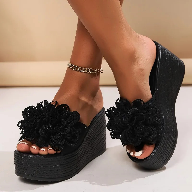 2024 Wedges Sandals Women Slippers Summer Beach Platform Shoes Flower Slippers Women High Heel Slippers Women Fashion 240719