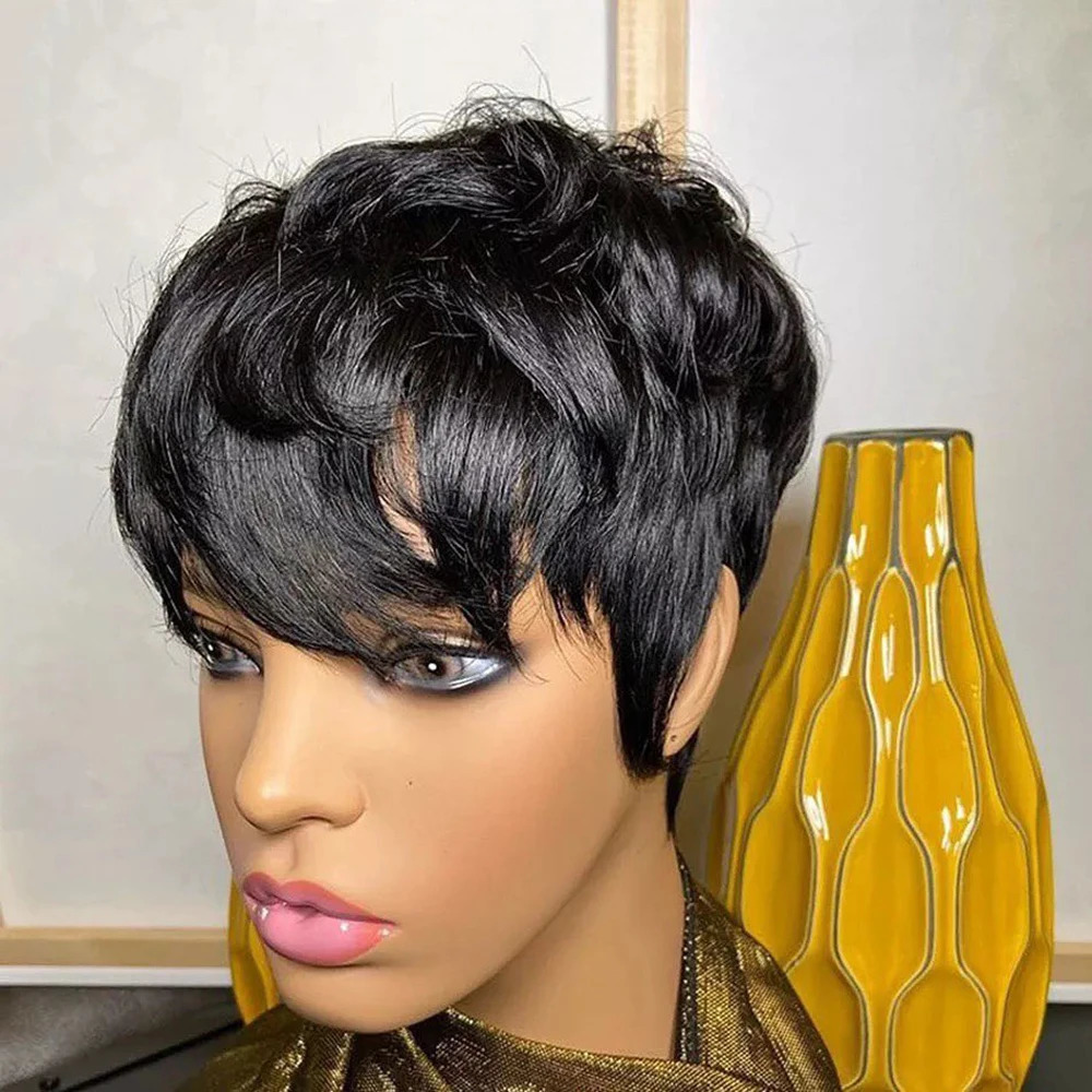 Short Pixie Cut Wig Human Hair For Black Women Machine Made Wigs With Bangs Glueless Wig Human Hair Wigs 240716