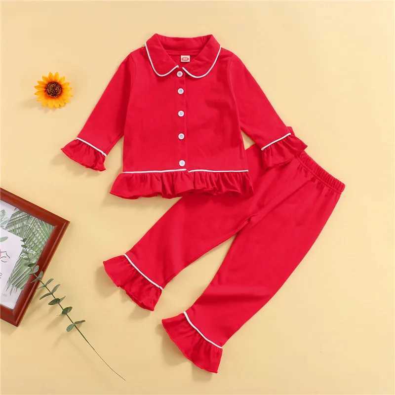 1-11 Year Baby Girls Pajama Set with Collar Ruffle Bottom Button Red Top Childrens Christmas Pajama SetW240716