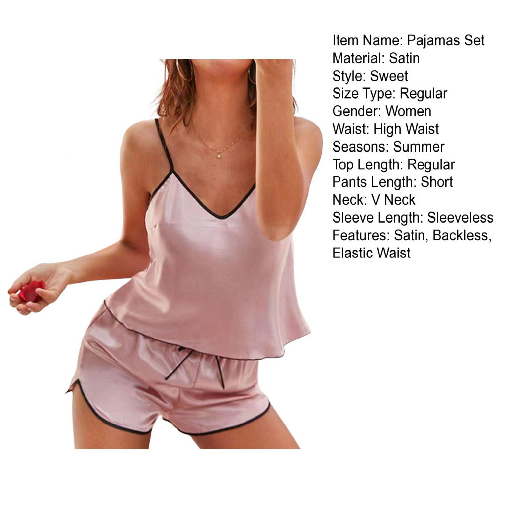 Lady Pamas Sexy Satin Pama Set for Women V Neck Top with Backless Design Split Mini Shorts Soft and Comfortable Loungewear