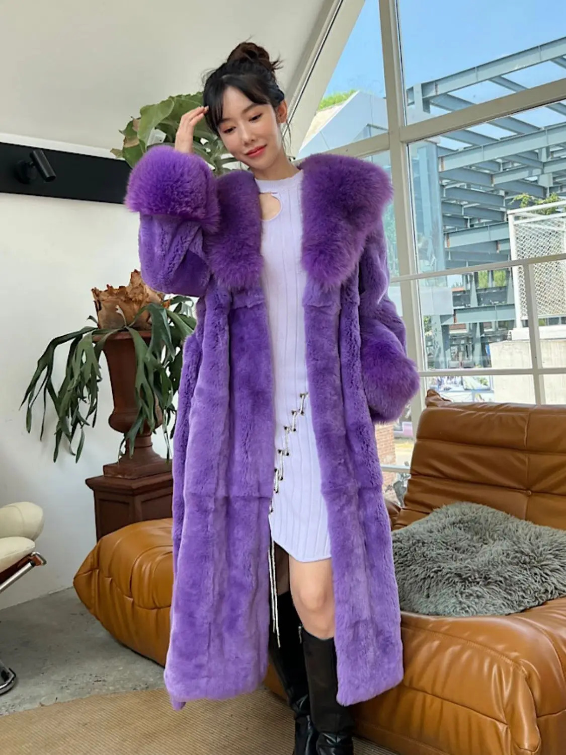 Winter Genuine 120Cm Length Real Rex Rabbit Fur Coats With Collar Trend Warm Natural Rabbit Fur Overcoat Women 240716