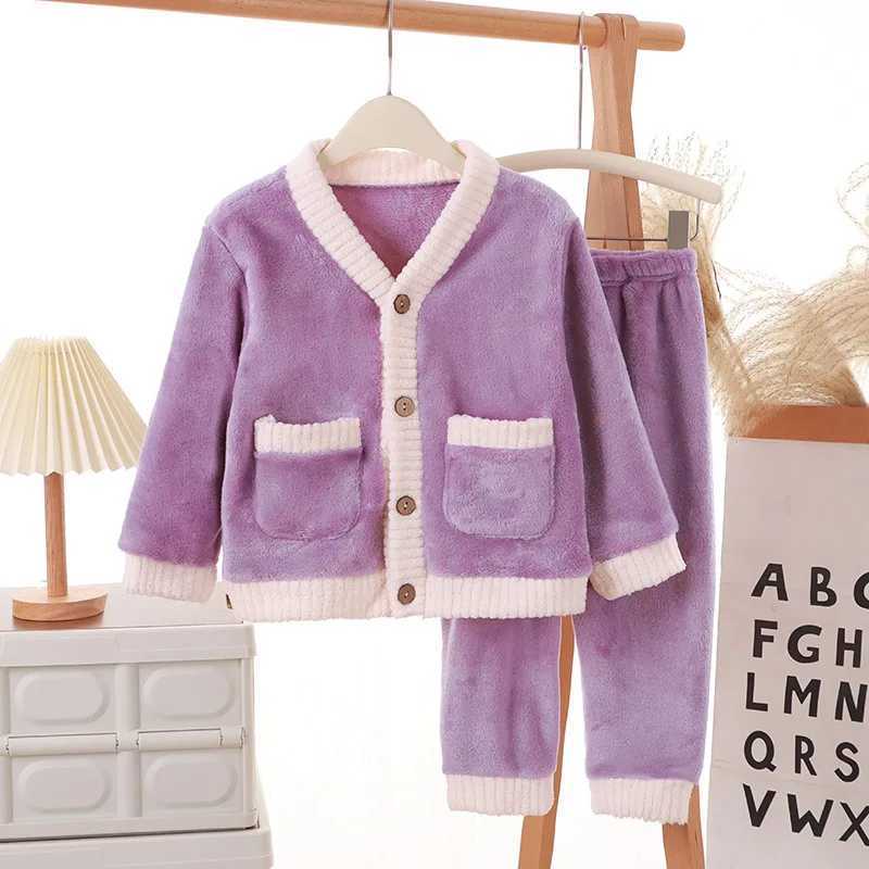 Childrens sleepwear wool sleepwear childrens sleepwear set plush soft open collar wool+pants family clothing baby sleepwear youth clothingW240716