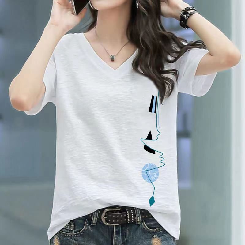Female Korean Version Of Hot-Selling Bamboo Cotton V-neck tops Women's Short-Sleeved New Loose T-Shirt