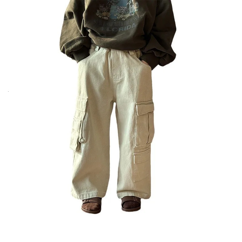 Children Clothing Kids Pants Spring Overalls Korean Style Boys and Girls Solid Color Big Pockets Casual Pants Handsome 240716