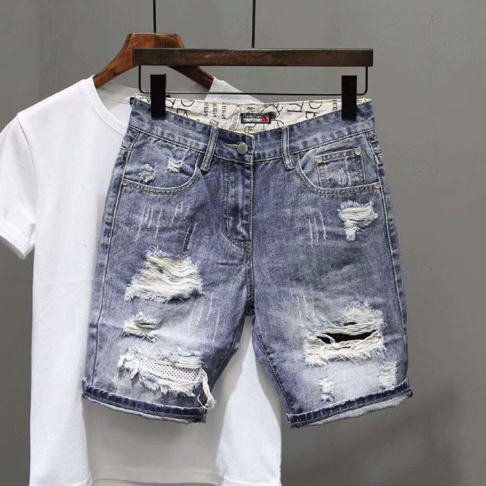 Summer Thin Print Ripped Denim Shorts Men's Loose Straight-leg Fifth K-style Trendy Japanese Style Pants