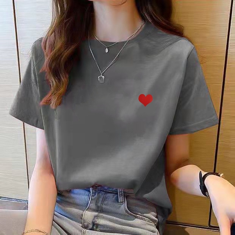 Women Simple Love Print Short Sleeve T-shirt Loose Top Korean Style Casual Tee