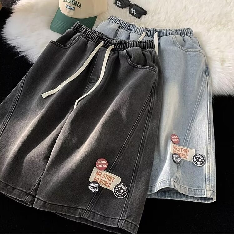 Denim shorts for men in summer, thin, lace up, loose, straight leg, ice feeling, breathable, casual, versatile, mid length pants, trendy