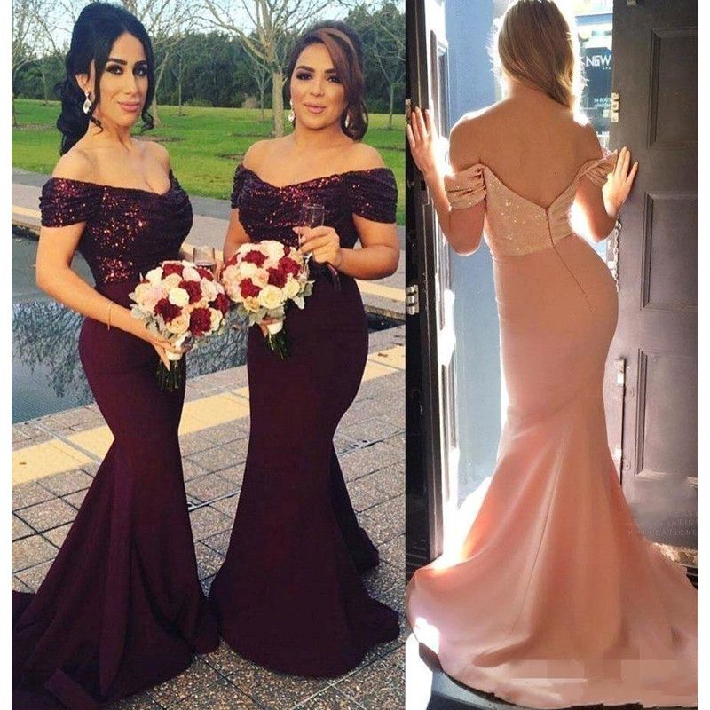 Burgundy Sparkly Mermaid Bridesmaid Dresses Off the Shoulder Best Sequined Wedding Party Dresses Blush Pink Maid of Honor Gowns Custom made 2024