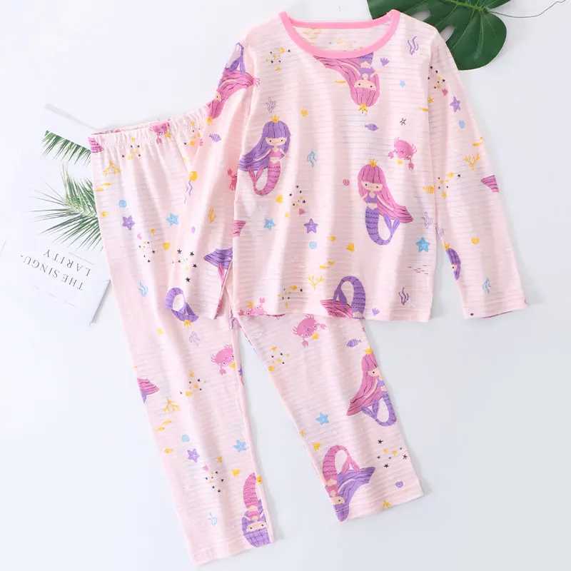 2-16 year old childrens sleepwear 100% pure cotton spring summer girls mermaid pink purple thin sleepwear set sleepwearW240716