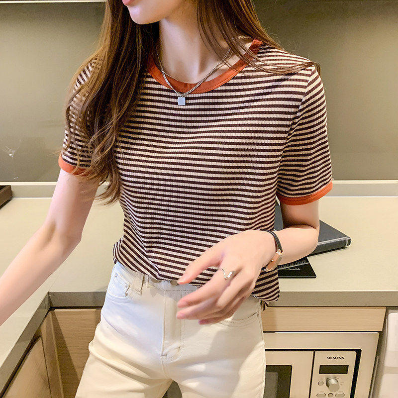 T-shirts Women's Round Neck Striped Tee Lady's Short Sleeve Female T-shirt Korean Style Fashion Top