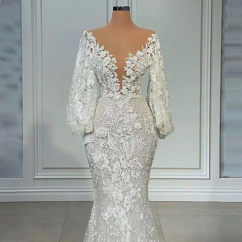 Long Sleeve Mermaid Wedding Dresses 2024 Sheer Neck Full Lace Floral Beaded African Trumpet Fishtail Beach Aso Ebi Bridal Gowns Custom made