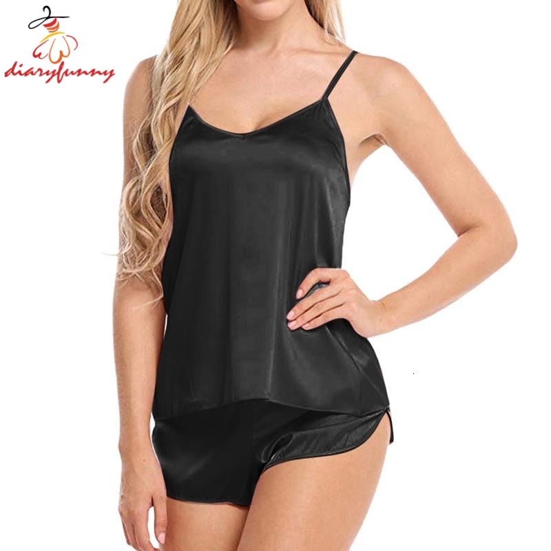 Women Sexy Simulation Silk Thin Set V-neck Camisole Sleeveless Shorts Female Pamas sleepwear terno women diaryfunny