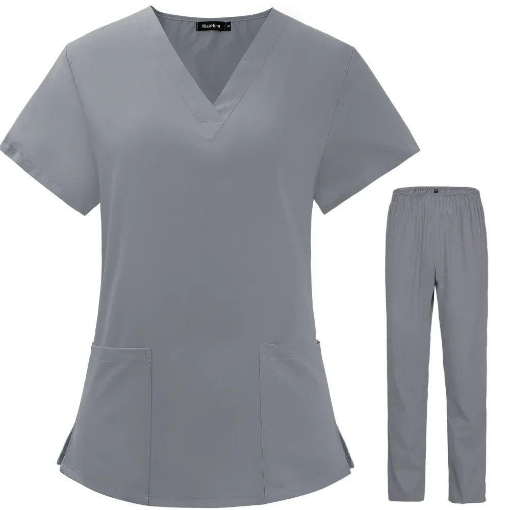 Summer Thin Unisex Scrubs Set for Man Women Beauty Salon Nurse Scrubs Suit Lab Spa Uniforms V-Neck Pet Grooming Work Wear 240715