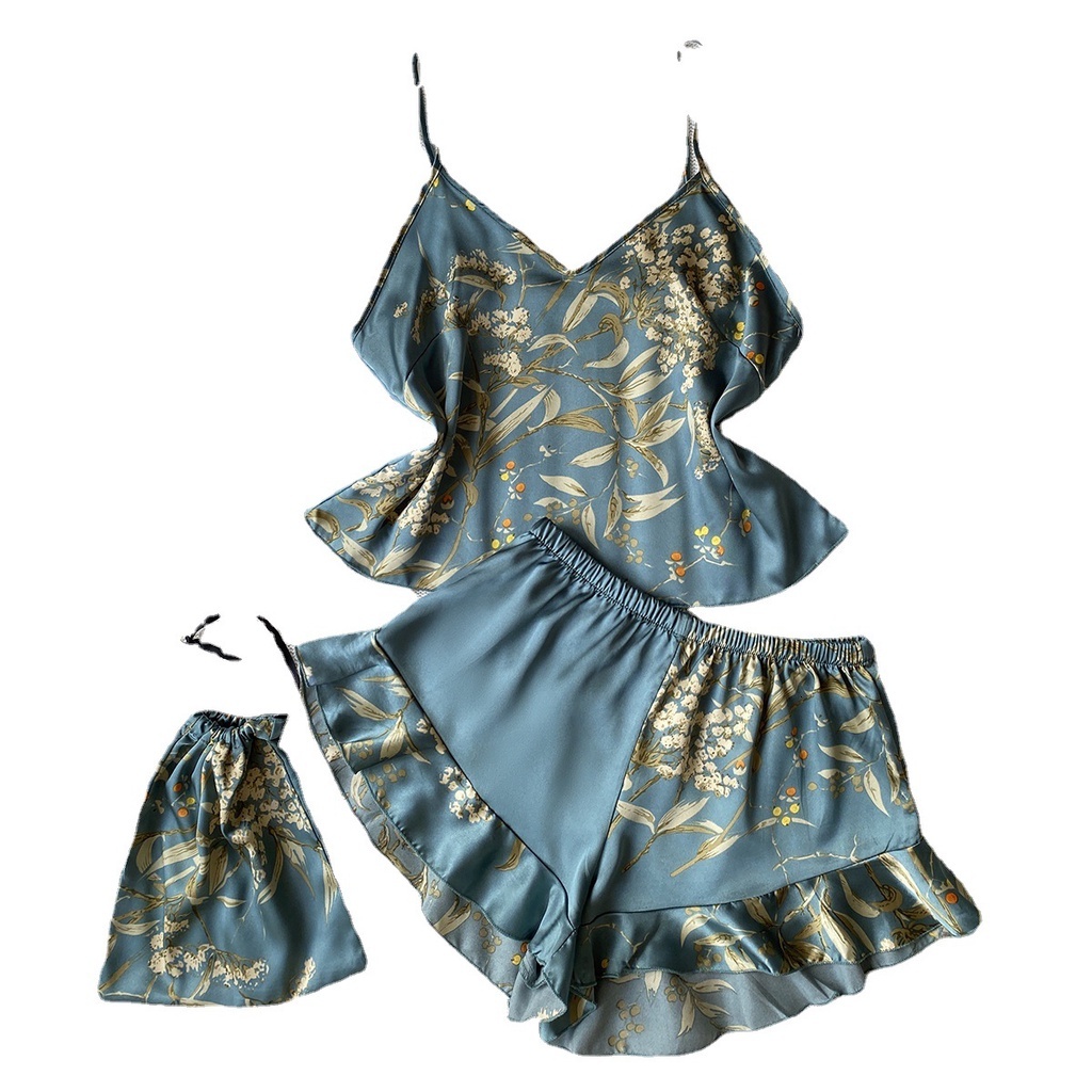 2 Pieces Ladies Sexy Silk Satin Pama Sleeveless Sleepwear Set Top and Shorts