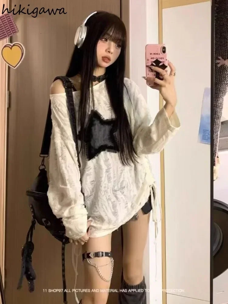 Harajuku Tshirts Fashion Tops Star Hollow Out Long Sleeve T Shirt Korean Kawaii Ropa Mujer Casual Y2k T-shirt Clothes for Teens 240717