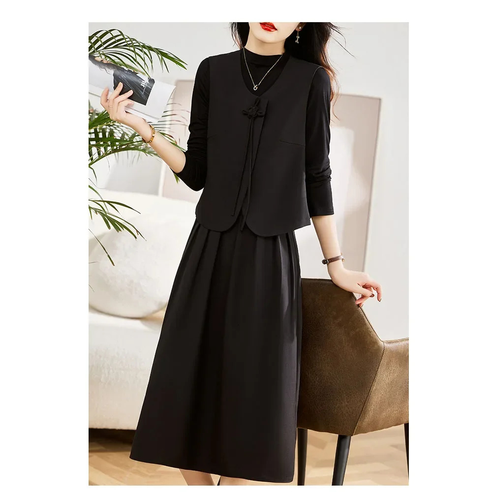 Autumn Fashion Vest Overlay Dress for Women Three Piece Set of Chinese Style Frog 240717