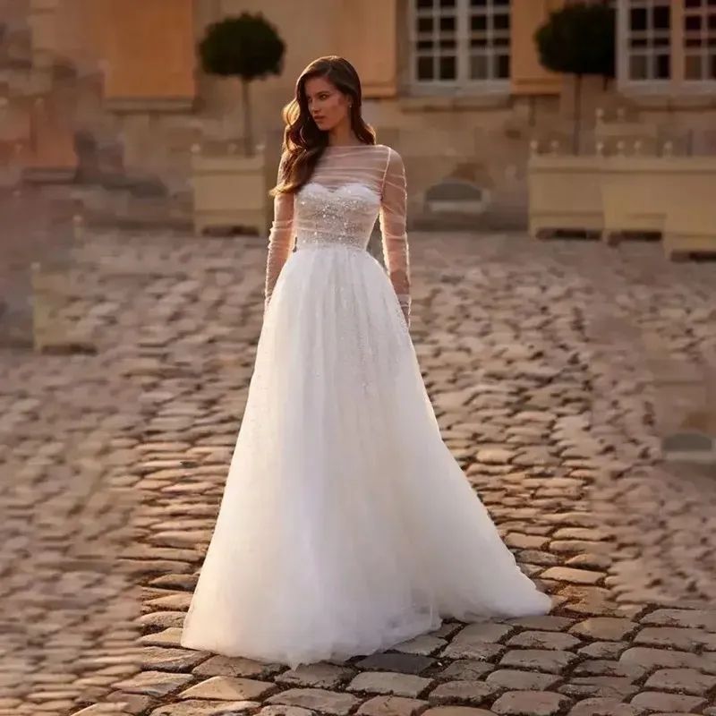 Sequined Tulle Wedding Dresses With Removable Cape Wraps Long Sleeves Romantic A Line Boho Bridal Gowns Floor Length Custom Made