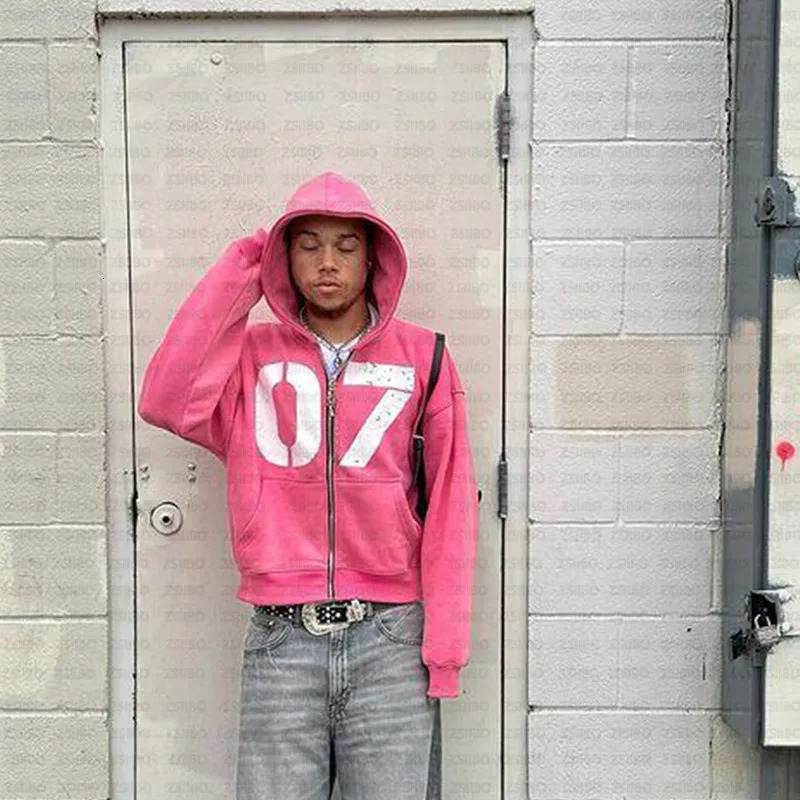 Numeral 7 Printed Zippered Hoodie Y2K Clothing Mens Street Fashion Jacket Top Hiphop Aesthetic Womens Sweatshirt Vintage 240715