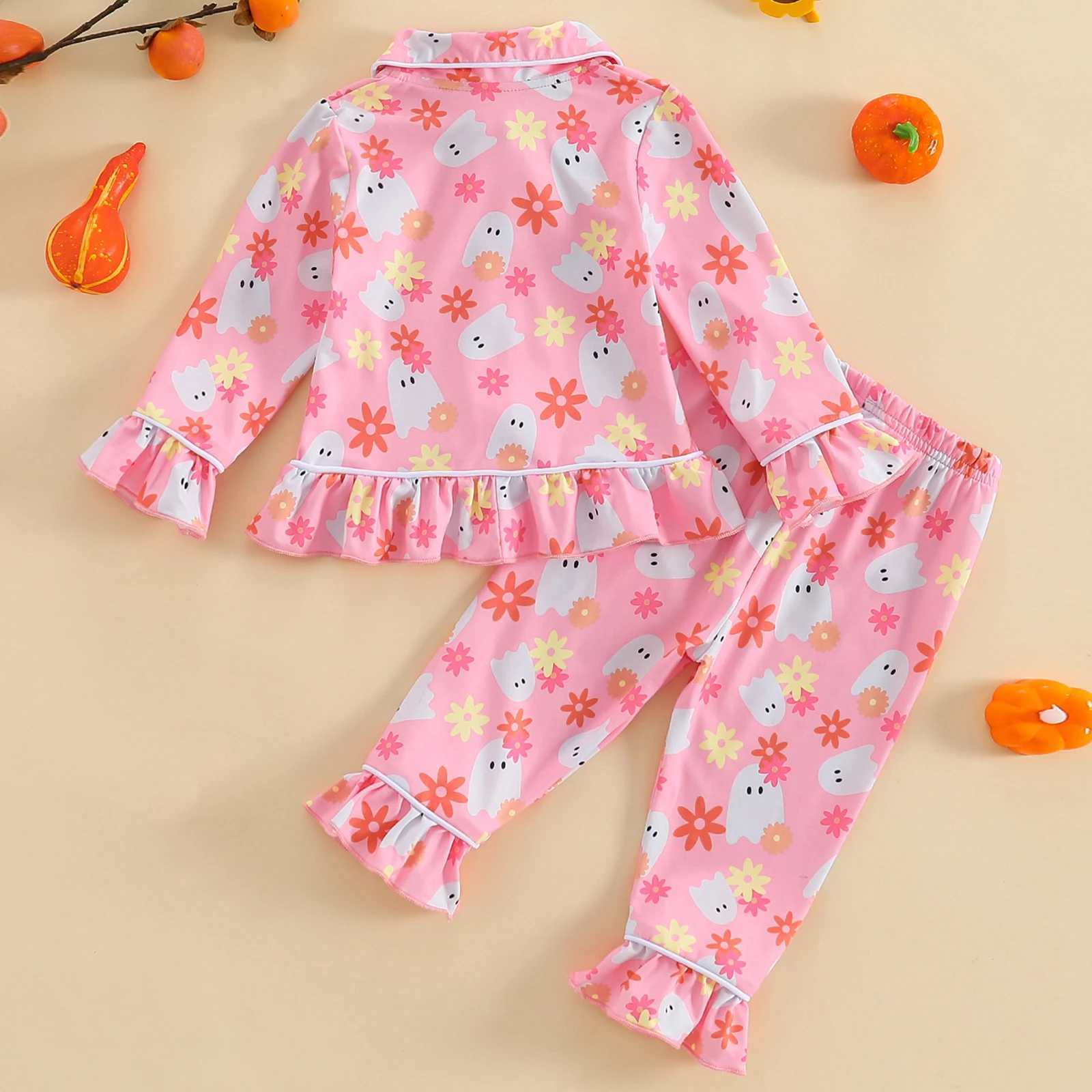 Little Girl Halloween Pajama Set Pumpkin Printed Long Sleeve Collar Button Top Ruffle Pants Pajama 6M-6TW240716