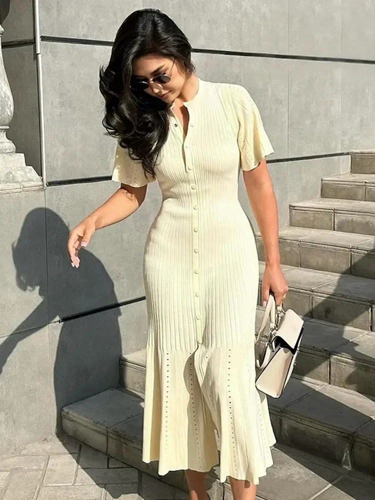 Elegant Knitted Hollow Out Maix Dress For Women Fashion Solid Single Breasted Short Sleeved Slim Dresses Lady Commuting Robe 240715