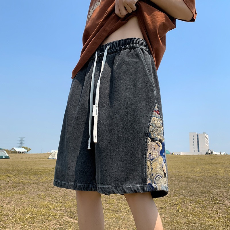 Little Bear Splicing Cowboy Shorts for Men in Summer, Thin, Loose, Large, Casual, American Trendy Brand, 5/10 Mid Pants