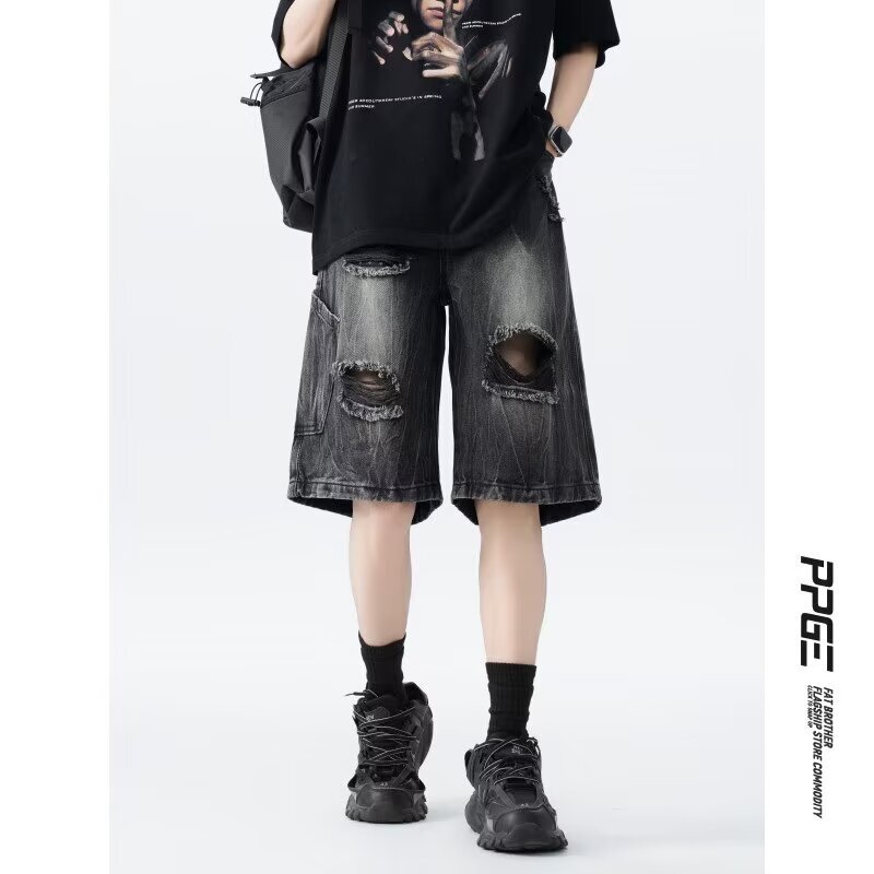 Cowboy cropped men, summer straight shorts, trendy brand, loose and versatile, casual American mid length pants for men