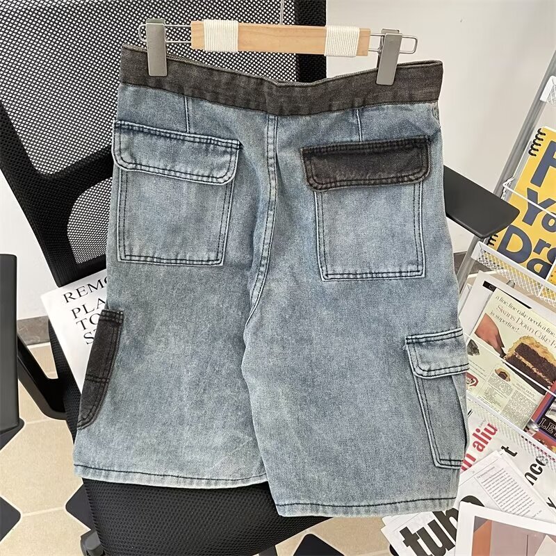 Summer American high street denim shorts, men's washed trendy brand loose mid length pants, niche patchwork contrasting five quarter pants