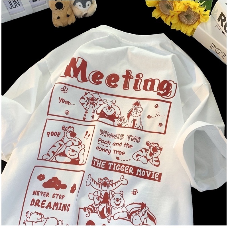 Women Super Cute Oversized BF Short Sleeve Shirt Tops Korean Drop Shoulder Loose Cartoon Printed Tee T-shirts
