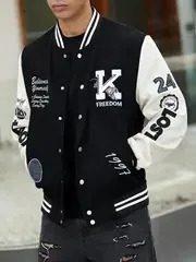 Mens Casual Letter Print Color Block Jacket Chic Button Up Baseball Collar Varsity 240712