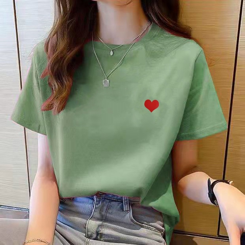 Women Simple Love Print Short Sleeve T-shirt Loose Top Korean Style Casual Tee