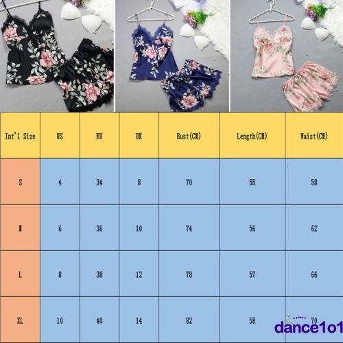 Womens Sexy Floral Satin Lace 2Pcs Sleepwear Nightdress Pamas Set 2019