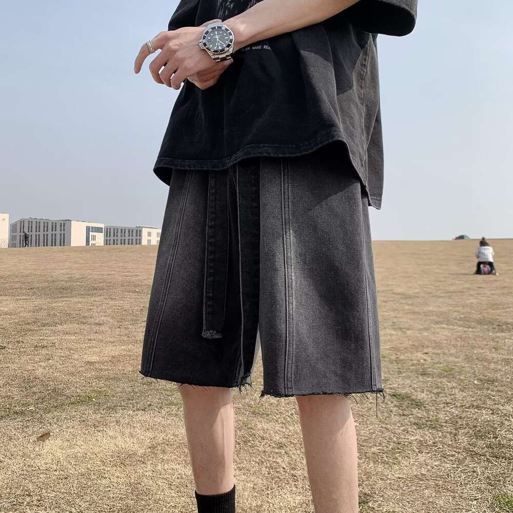 Denim shorts fringed summer trend American washed distressed straight leg loose casual men's five quarter pants