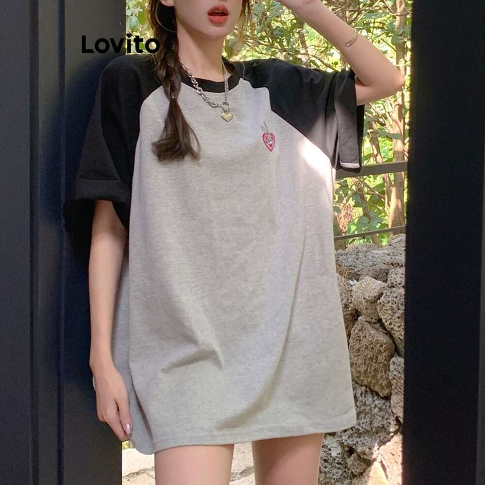 Lovito Casual Patchwork Contrast Binding T-Shirt for Women LNA17117 (Grey)