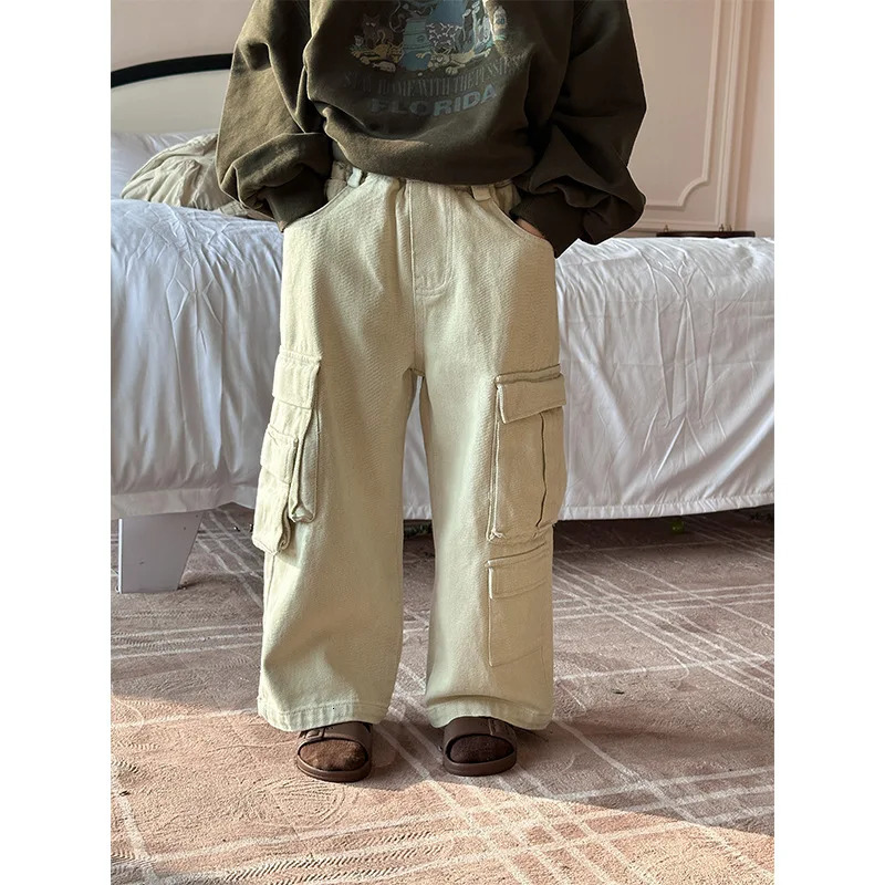 Children Clothing Kids Pants Spring Overalls Korean Style Boys and Girls Solid Color Big Pockets Casual Pants Handsome 240716