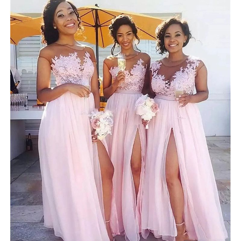 Boho Blush Pink Bridesmaid Dress Sexy Chiffon Side High Split Floor Length A-Line Wedding Guest Gown Illusion Lace Appliques Top Long Gowns 2024 Custo