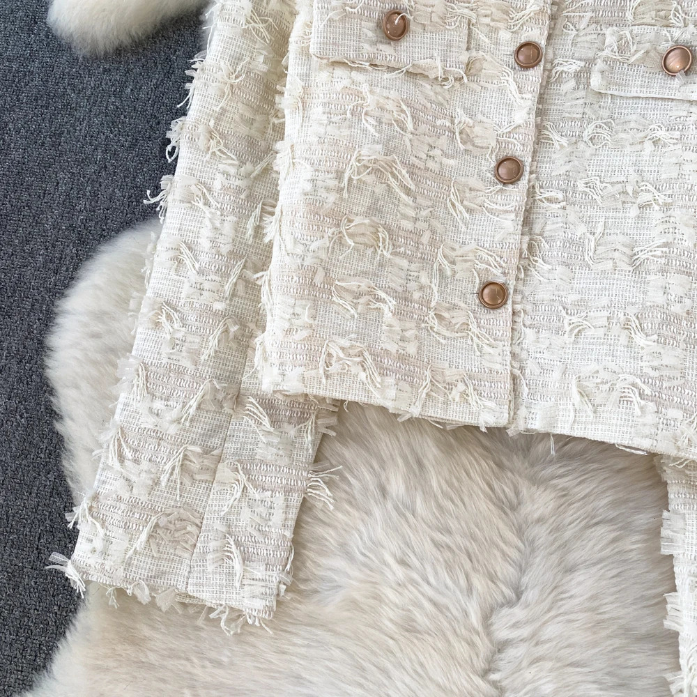 Chic Coat Top Women Oneck Single Breasted Button Warmming Tweed Jacket Female Korean Style Jackets Autumn Drop 240712