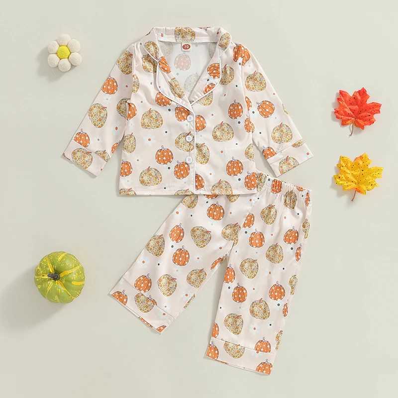 Halloween pajama set for children and girls pumpkin print long sleeved top elastic waist pants autumn satin 2-piece pajamasW240716