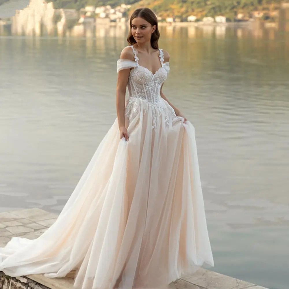 Sexy Off Shoulder Lace Applique Beach Wedding Dress Boho Bridal Gown Sleeveless Vestidos de Novia Custom Made1