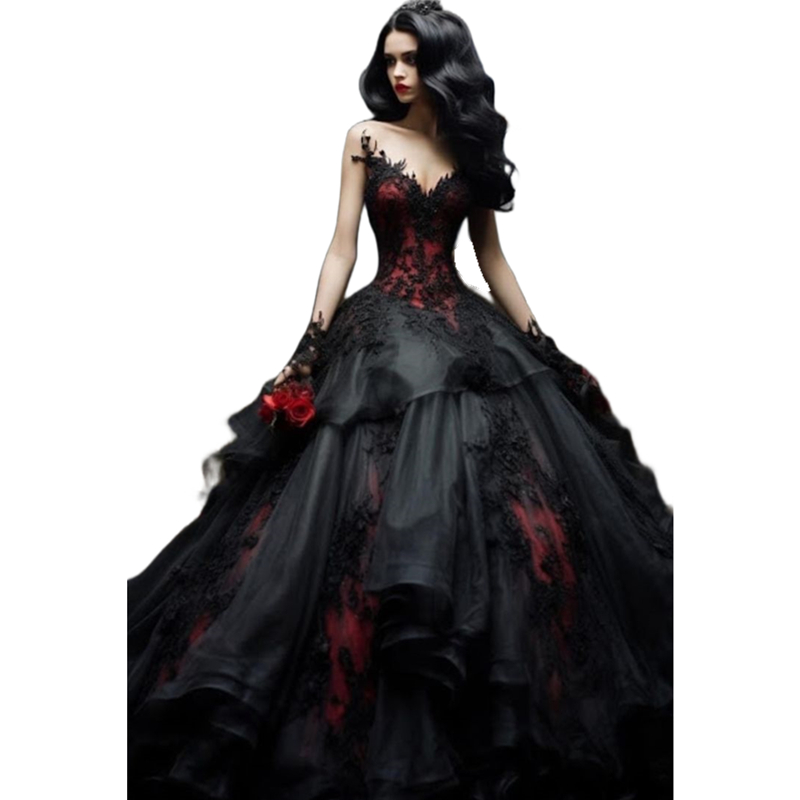 Black And Red Gothic Prom Dresses Ruffle Tiered Ball Gown Long Evening Gowns Lace Appliques Sweetheart Sleeveless Vintage Special Ocn Dress 2024