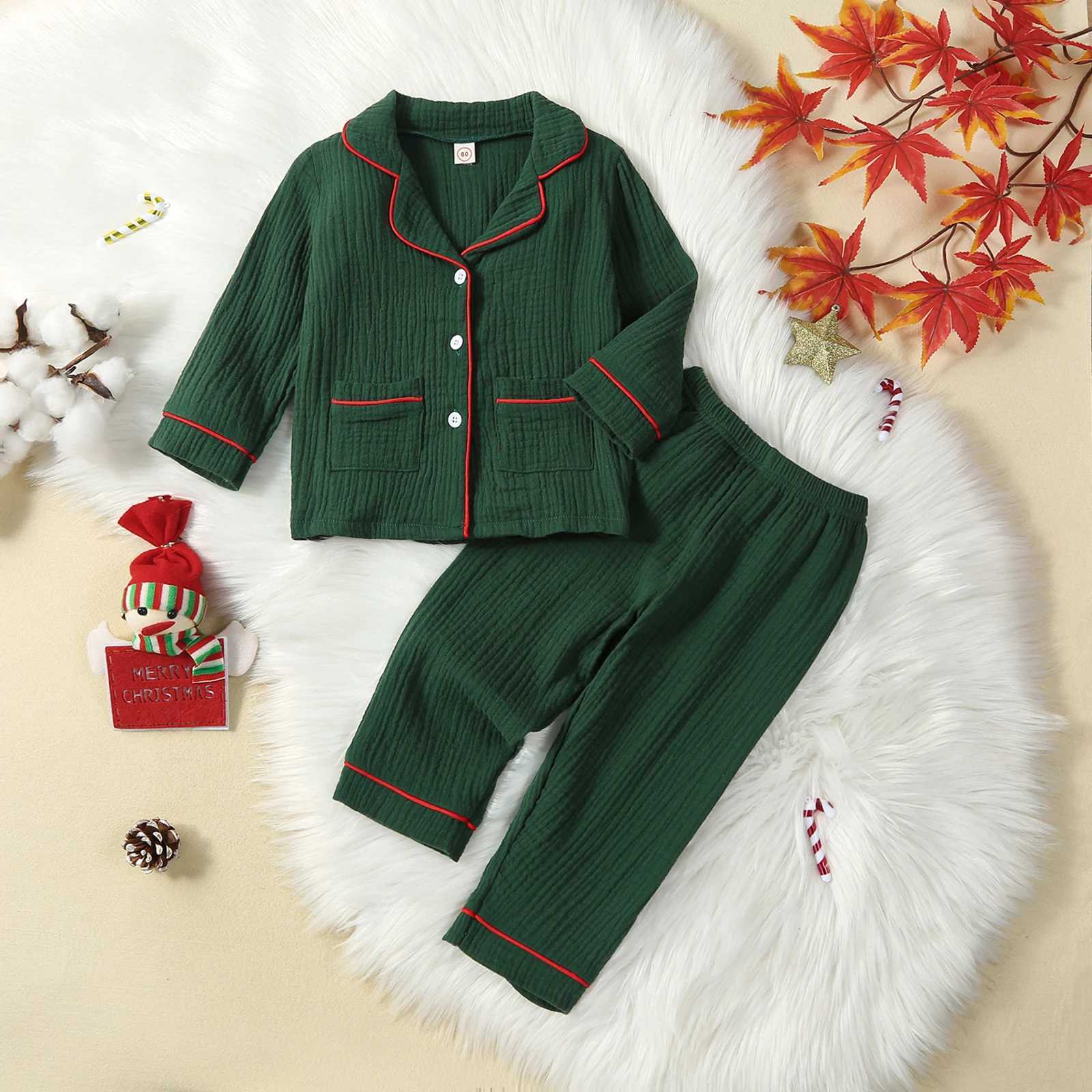 Childrens Girls and Boys Pajama Set Cotton Linen Casual Childrens Casual Clothing Long Sleeve Collar Top Elastic Waist Trouser Pajama SetW240716