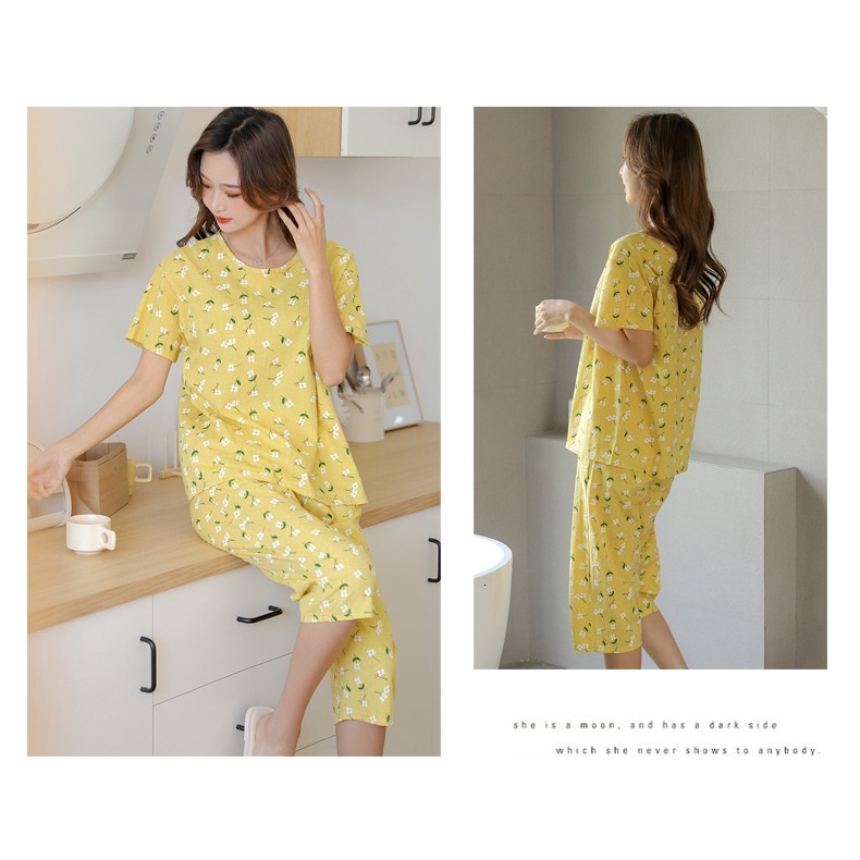 Gauze Pamas Women's Summer Short Sleeved Capri Pants Set Japanese Sweet Floral Pure Cotton Home Clothes