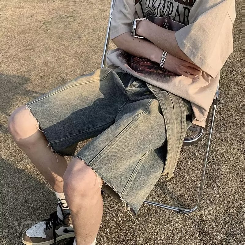 Denim shorts fringed summer trend American washed distressed straight leg loose casual men's five quarter pants