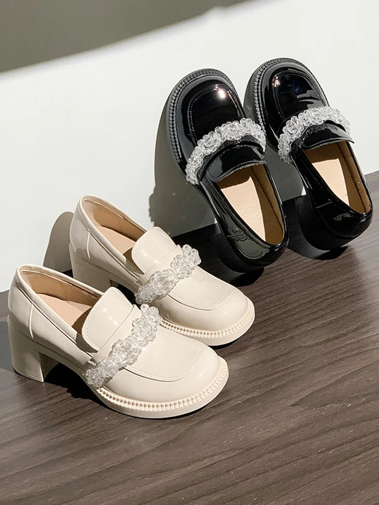 British Style Slip On Shoes For Women White Sneakers Clogs Platform Loafers With Fur Square Toe Oxfords Female Footwear Preppy S 240708