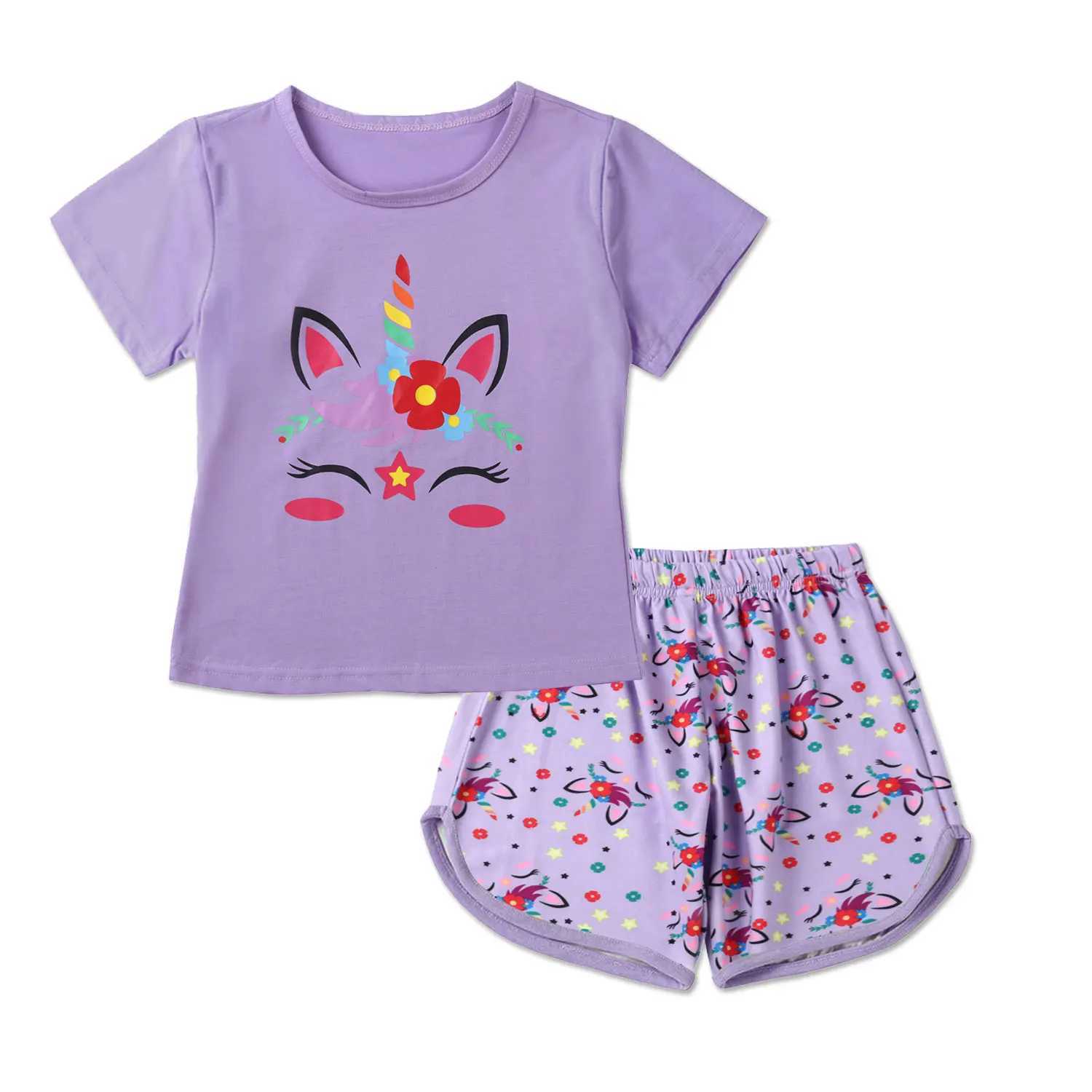 New Nightwear Cotton Nightwear Suitable for Girls Shorts+Sleeves Top Set Summer Fashion Home Clothing Baby Sleep ClothingW240716