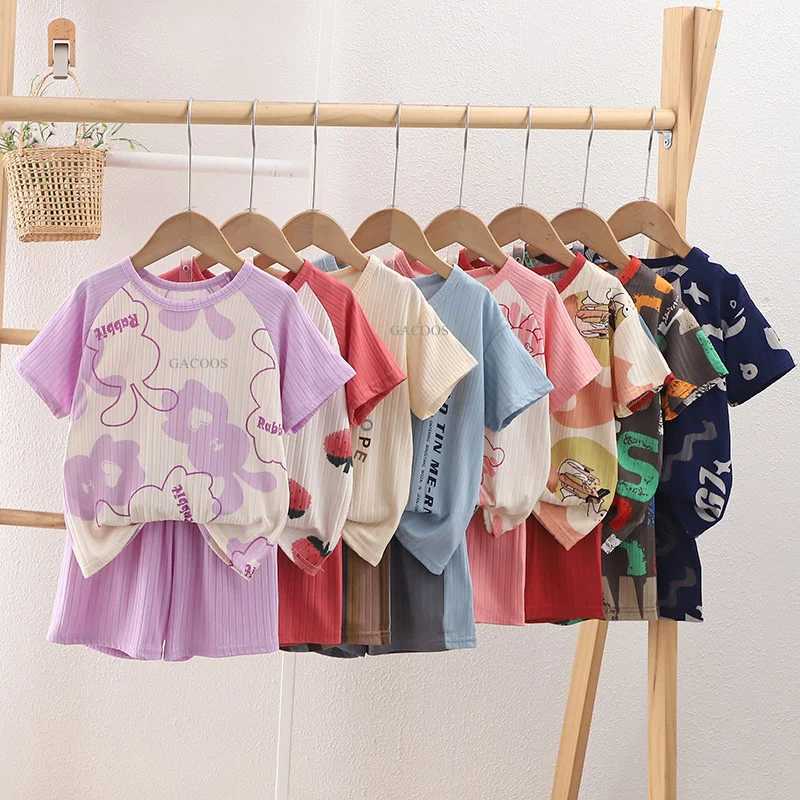 2024 Spring/Summer Childrens Pajama Set Solid Color Childrens Pajamas 1-15 Year Old Youth Pajamas Boys and Girls Terrace Baby ClothingW240716