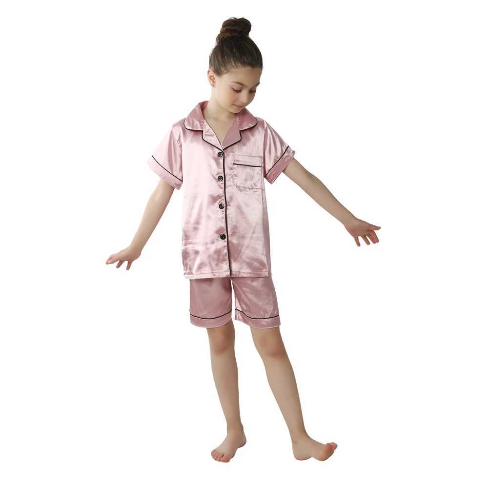 Boys and girls ice silk and satin sleepwear summer top and pants set childrens home clothing childrens sleepwear set baby set childrens clothing 2-14Y