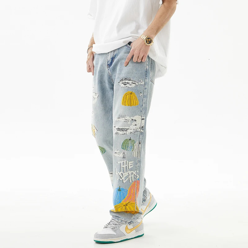 Mens trend personality loose straight wide-leg trousers street hip-hop printed jeans casual retro high-end washed trousers 240716