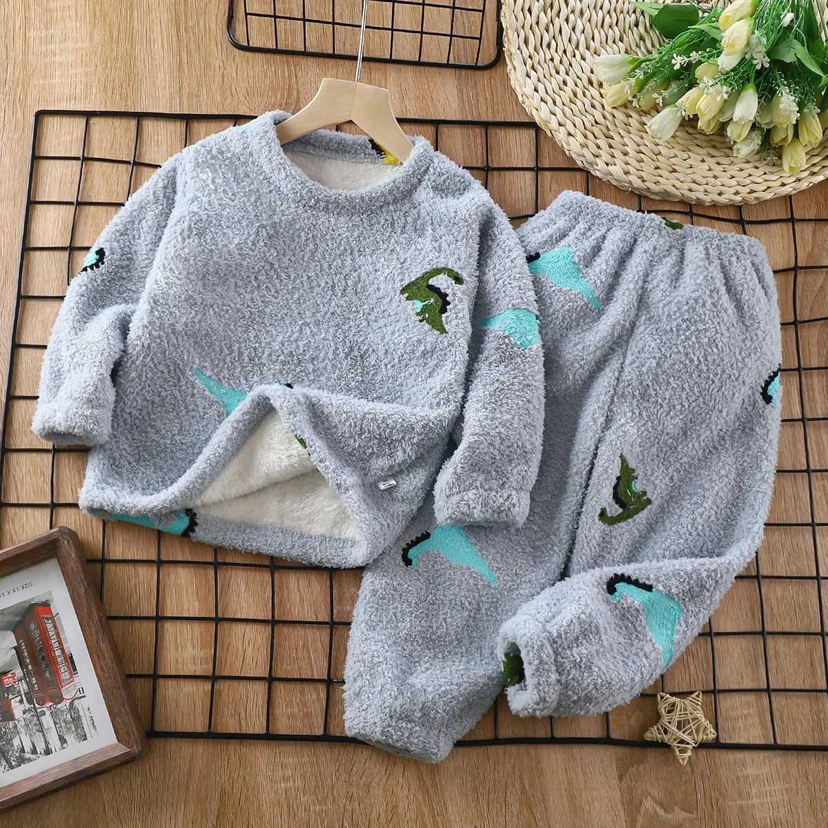 1-12-year-old childrens autumn thick warm flannel pajamas cute cartoon clothing set baby boys and girls pajamas childrens pajamasW240716